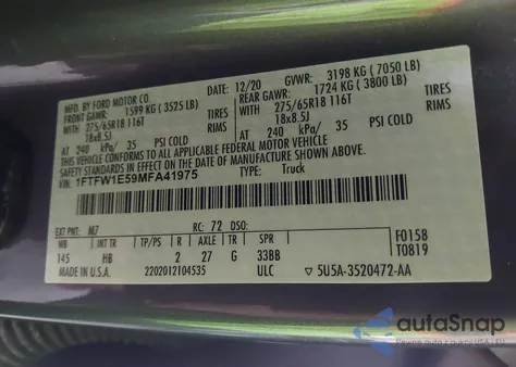 2021 Ford F150 Lariat из США, поврежденный, VIN 1FTFW1E59MFA41975